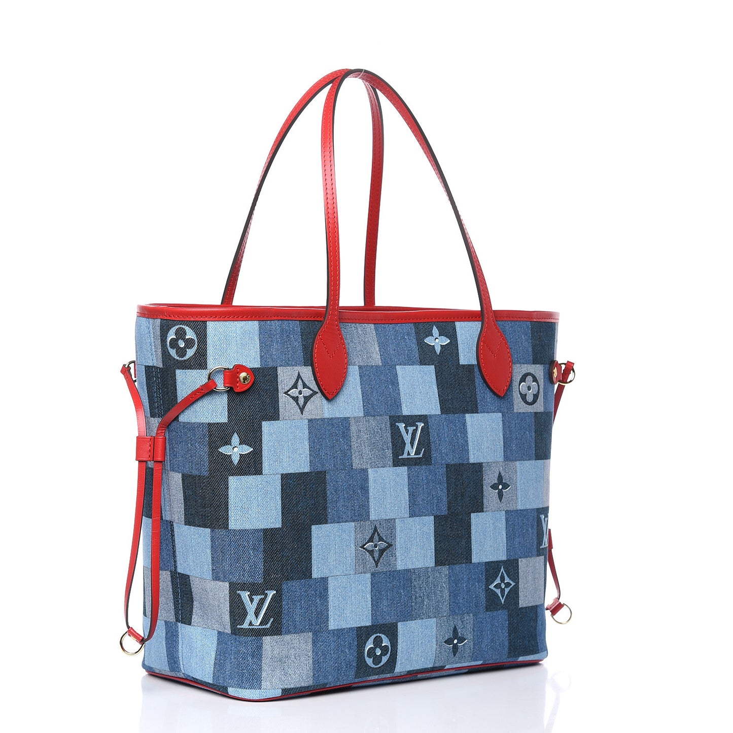 Denim Damier Monogram Patchwork Neverfull Blue Rouge