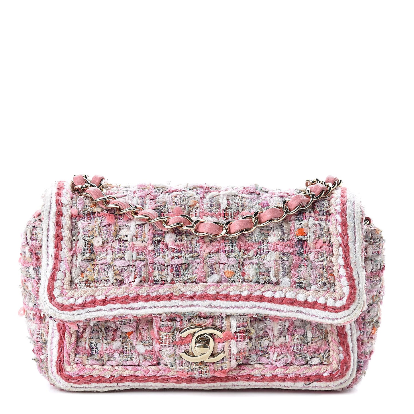 Tweed Braid Mini Flap White Pink