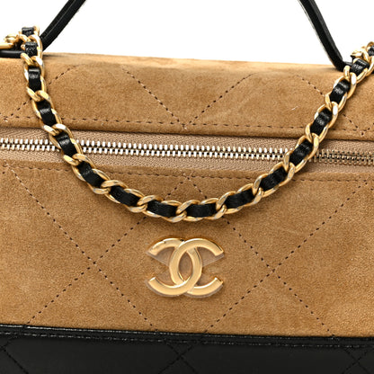 Chanel Suede Calfskin Shiny Lambskin Stitched Top Handle Slim Vanity Case With Chain Beige Black 8 of 10