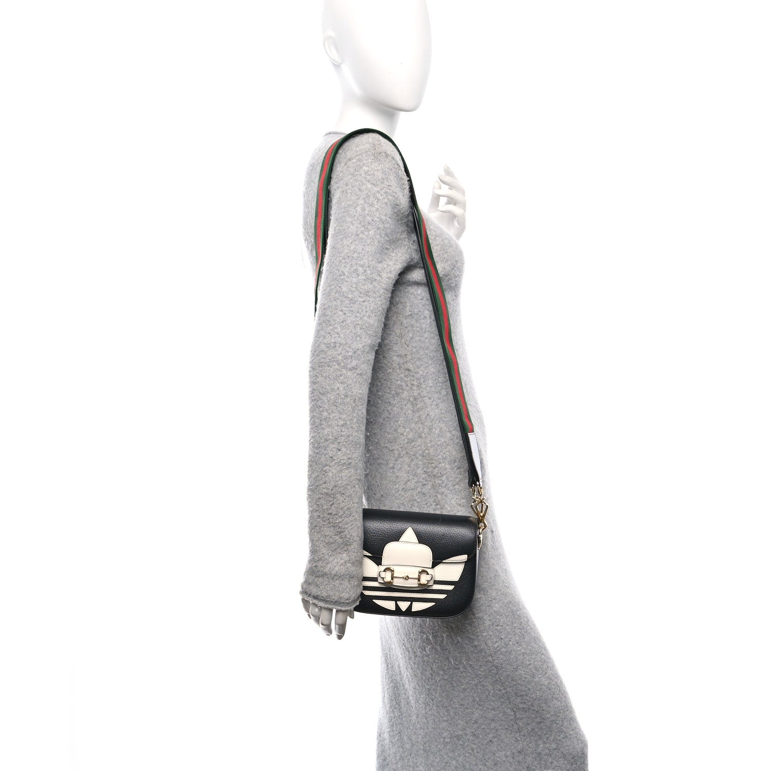 Gucci X ADIDAS Textured Dollar Calfskin Web Trefoil Mini Horsebit 1955 Shoulder Bag Black Off White 2 of 11