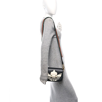 Gucci X ADIDAS Textured Dollar Calfskin Web Trefoil Mini Horsebit 1955 Shoulder Bag Black Off White 2 of 11