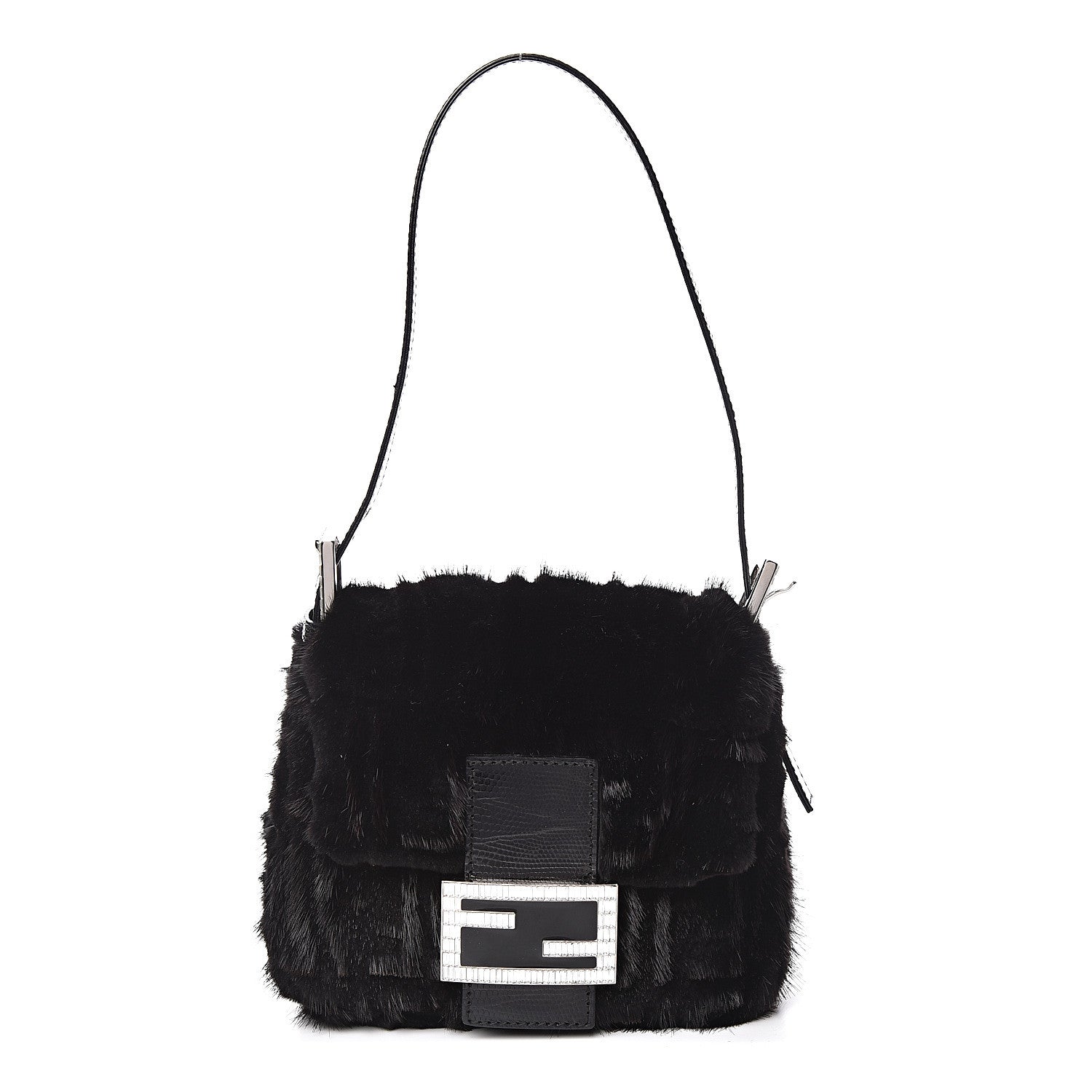 Fendi Rabbit Fur Crystal Baguette Black 1 of 10