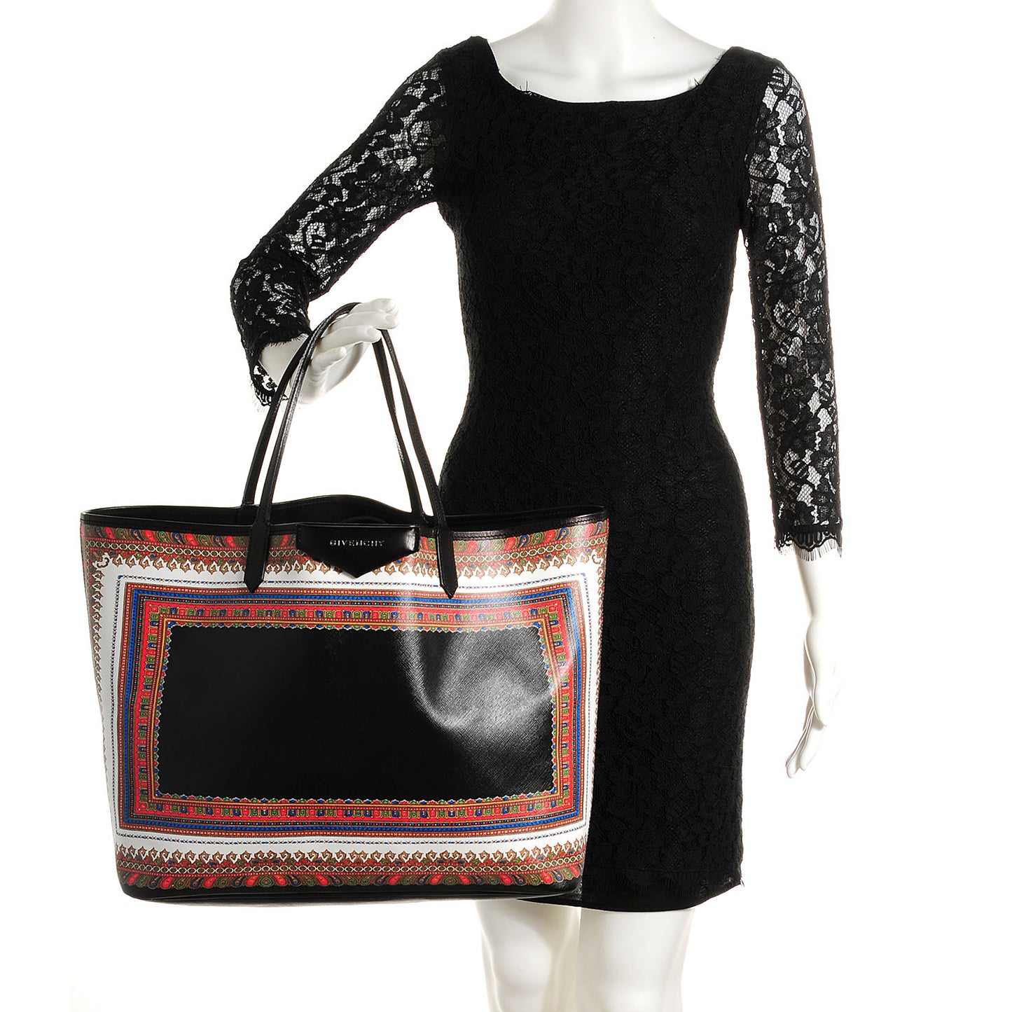 Textured Coated Canvas Large Scarf Print Antigona Tote Black