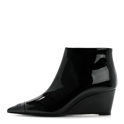 Chanel Patent Knit Wedge Ankle Boots 38.5 Black White 1 of 8