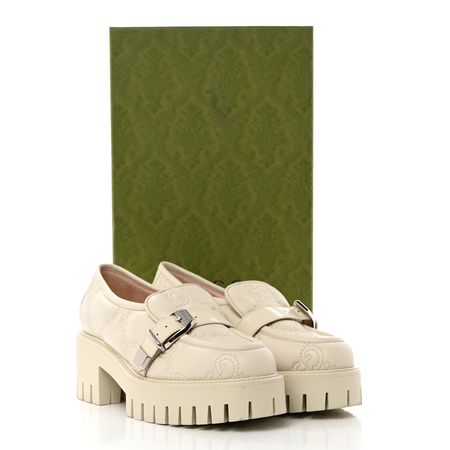 Gucci Nappa Cordovan Lux GG Matelasse Buckled Platform Lug Sole 60mm Loafers 38.5 Milk White 9 of 9