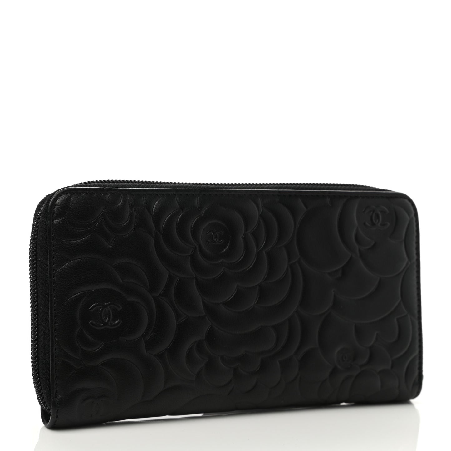 Lambskin Camellia Embossed Large Zip Around Gusset Wallet Black