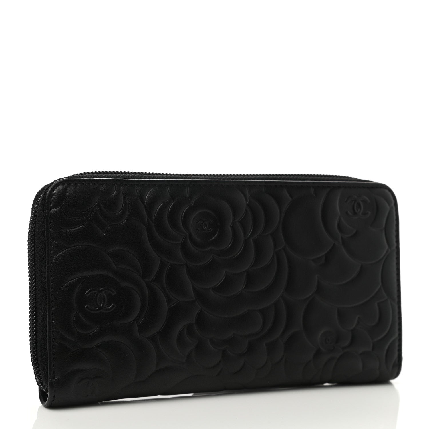 Chanel Lambskin Camellia Embossed Large Zip Around Gusset Wallet Black 3 of 9