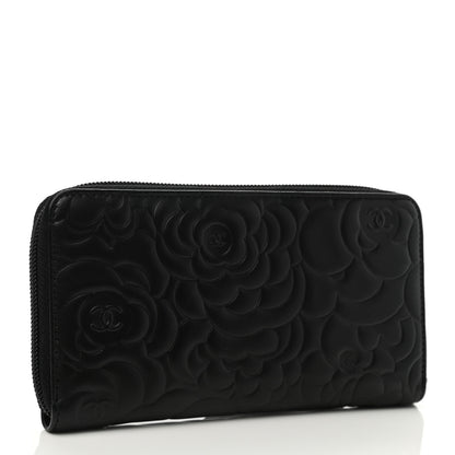 Chanel Lambskin Camellia Embossed Large Zip Around Gusset Wallet Black 3 of 9