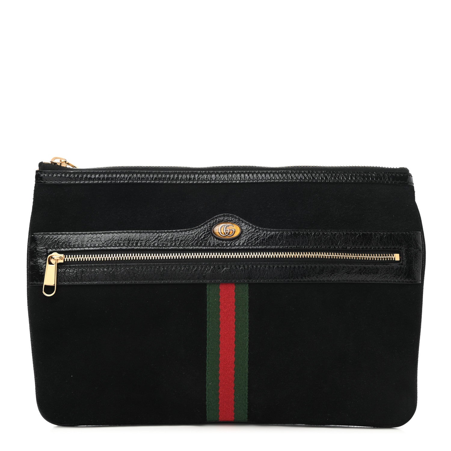 Gucci Suede Patent Large Ophidia Pouch Clutch Black 1 of 7