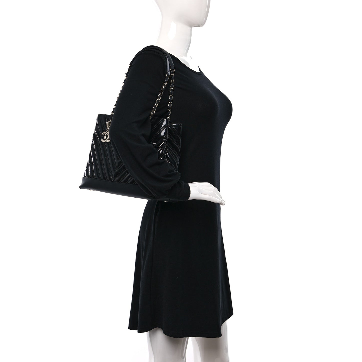 Patent Chevron Shopper Tote Black