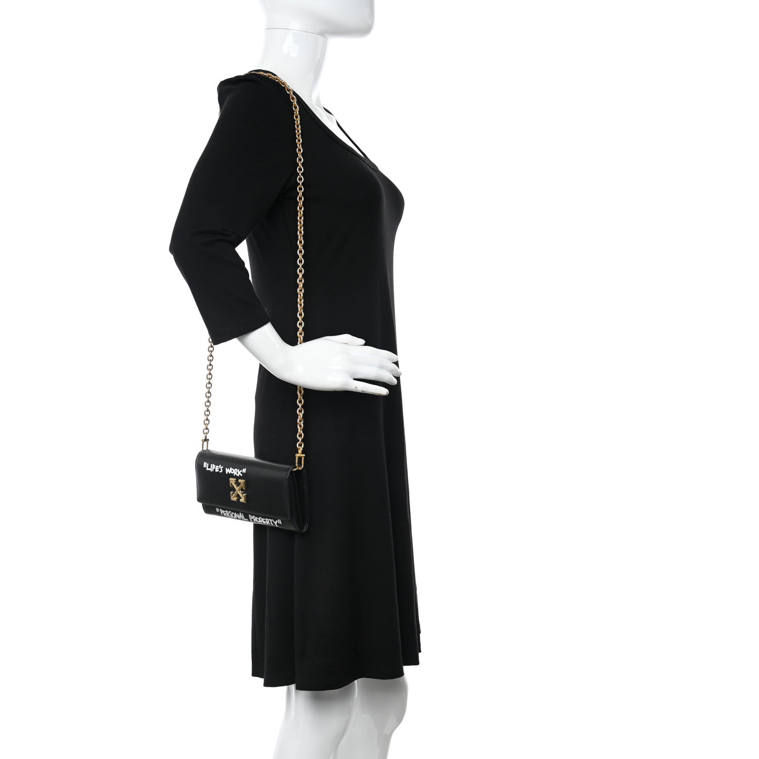 Off-White Calfskin Jitney Logo Flap Wallet On Chain Black 2 of 8