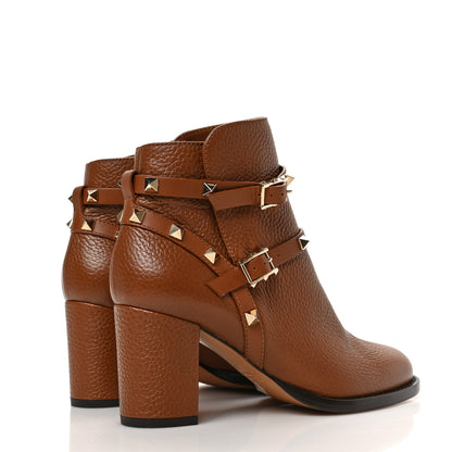 Valentino Garavani Pebbled Calfskin Rockstud Double Buckle 70mm Block Heel Ankle Boots 36 Bright Cognac 3 of 11