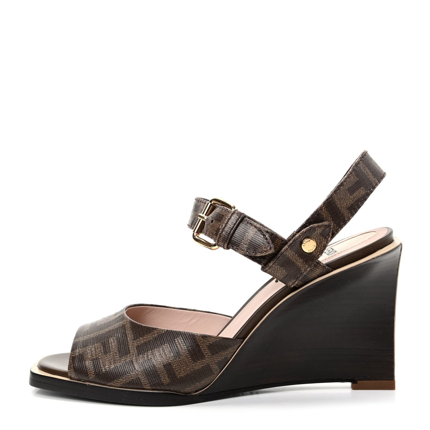 Glazed Fabric FF Wedge Sandals 37 Tobacco Moro
