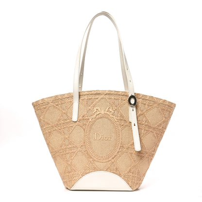 Christian Dior Raffia Calfskin Cannage Blooming Small Tote Beige White 1 of 10