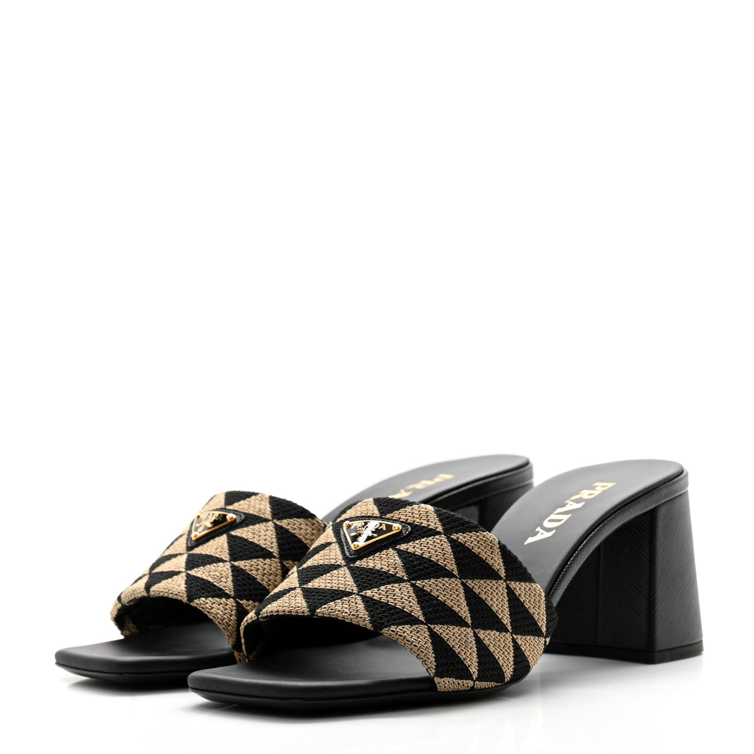 Prada Jacquard Trianglolo Symbole Embroidered Metal Triangle Logo 65mm Block Heel Slide Sandals 37 Black Beige 3 of 7