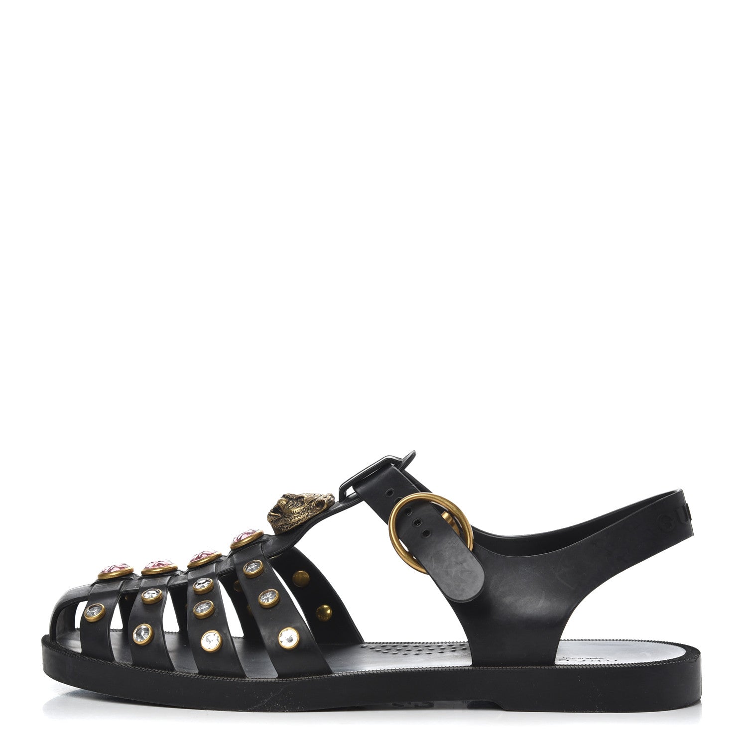 Gucci Rubber Crystal Womens Buckle Strap Sandals 37 Black 1 of 14