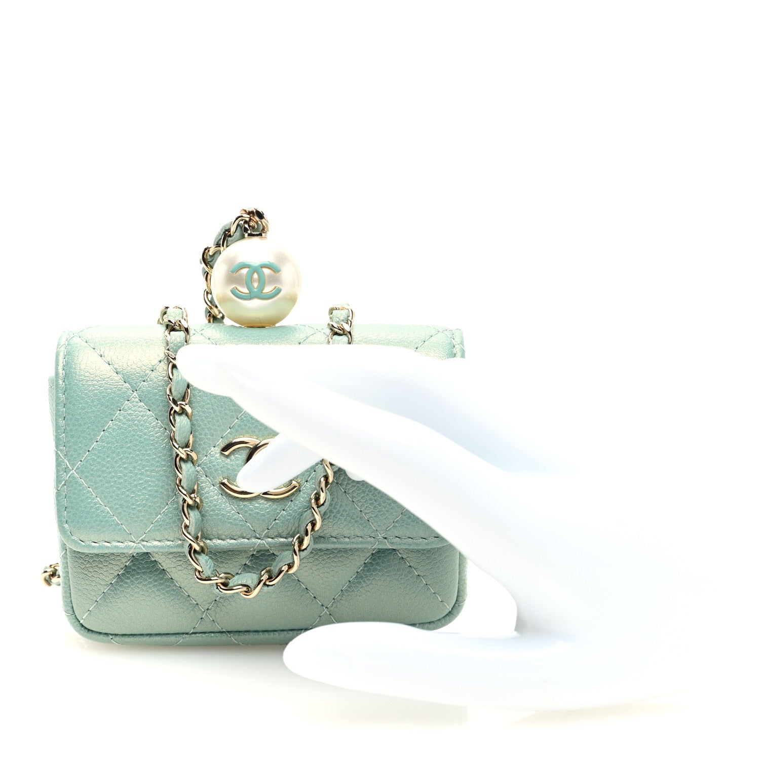 Chanel Iridescent Caviar Quilted Pearl On Top Coin Purse With Chain Light Green 2 of 7