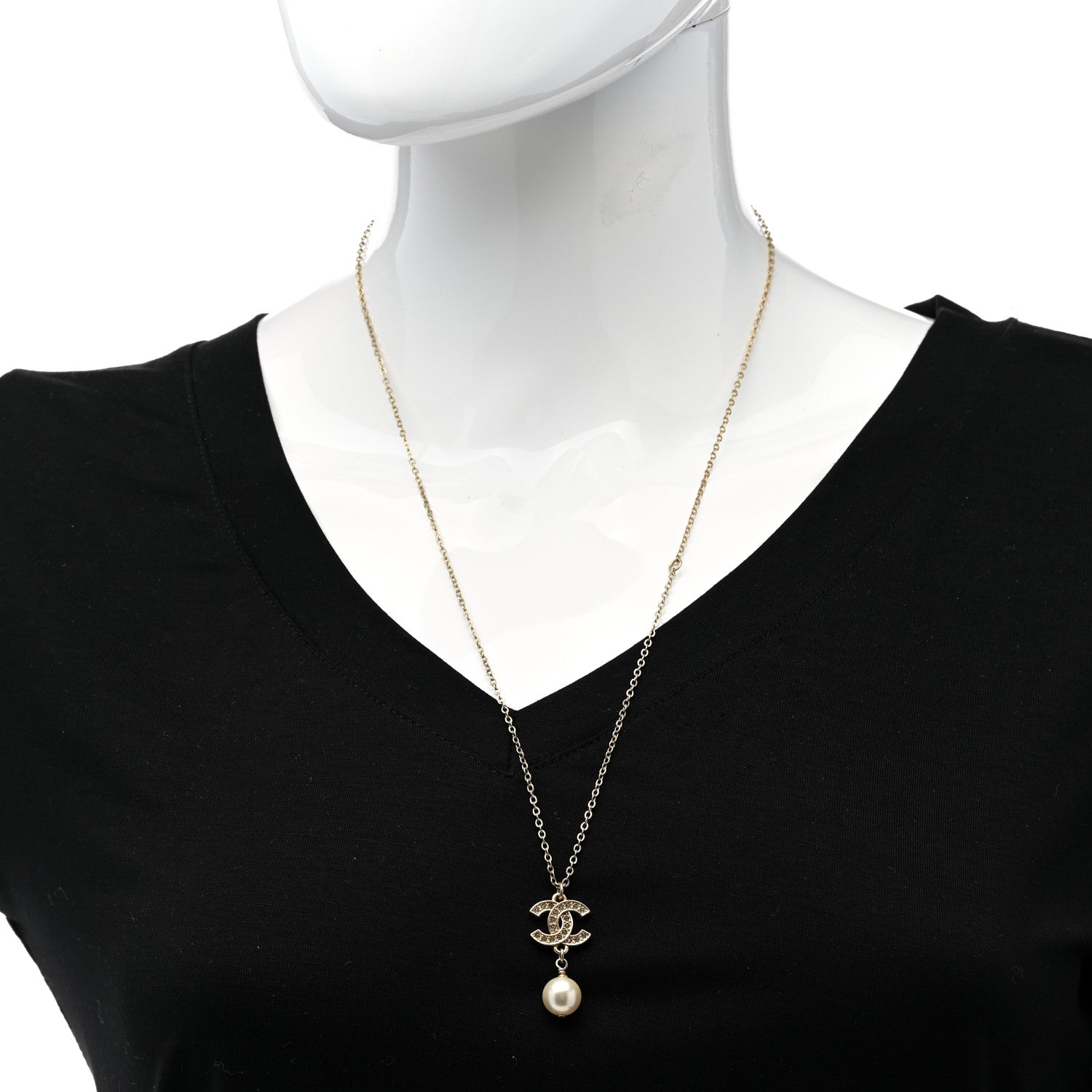 Chanel Crystal CC Pearl Drop Necklace Gold 2 of 6