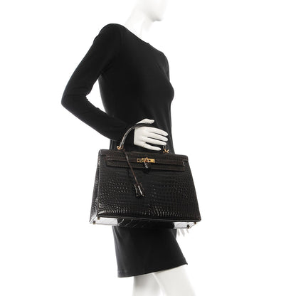 Hermes Shiny Porosus Crocodile Kelly Sellier 35 Havane 3 of 37