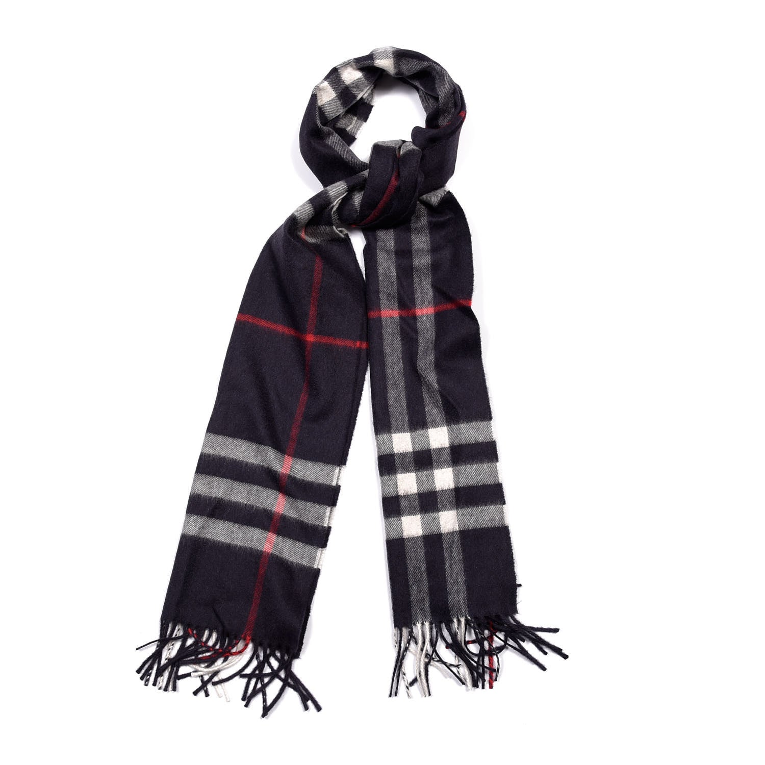 Burberry Cashmere Giant Check Fringe Scarf Navy 1 of 4