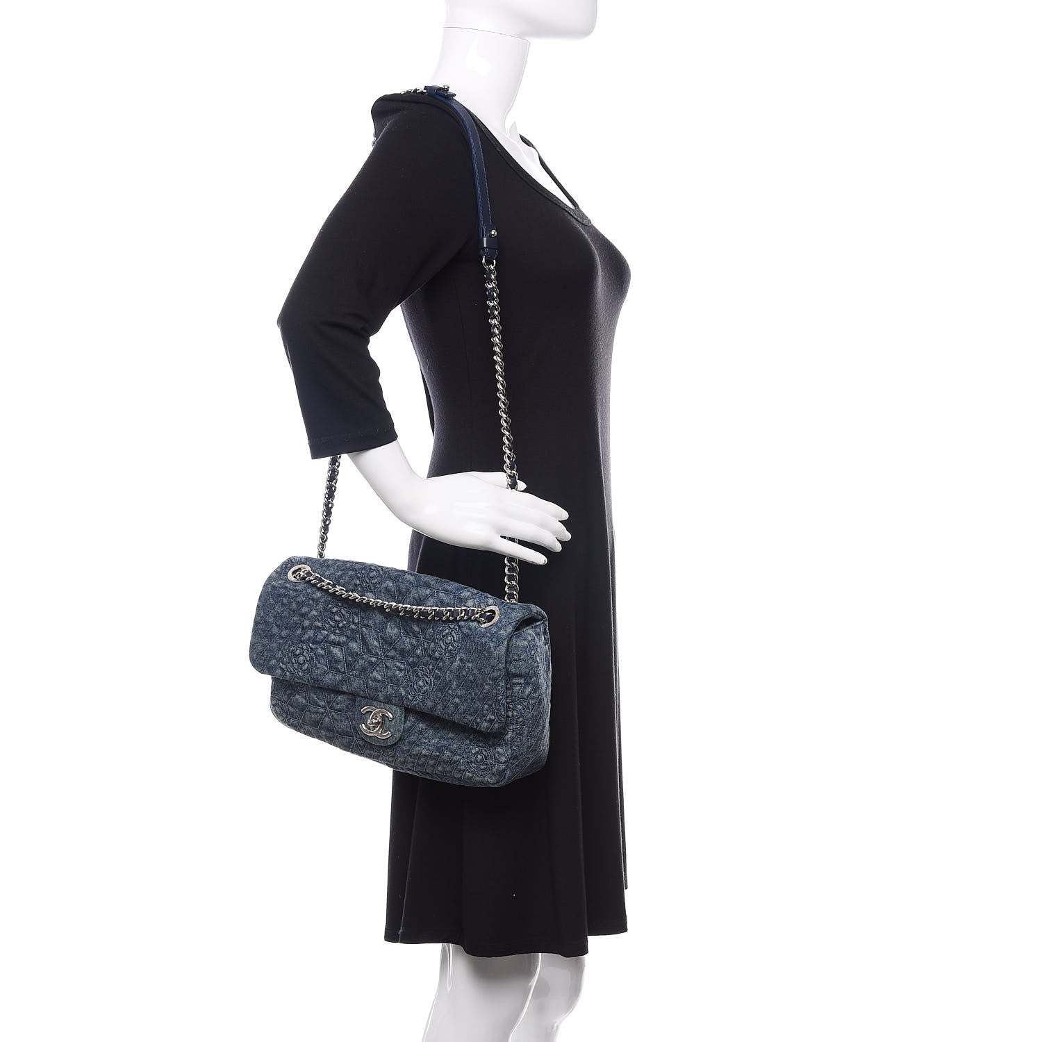 Chanel Denim Quilted Camellia Embroidered Large Flap Blue 2 of 10
