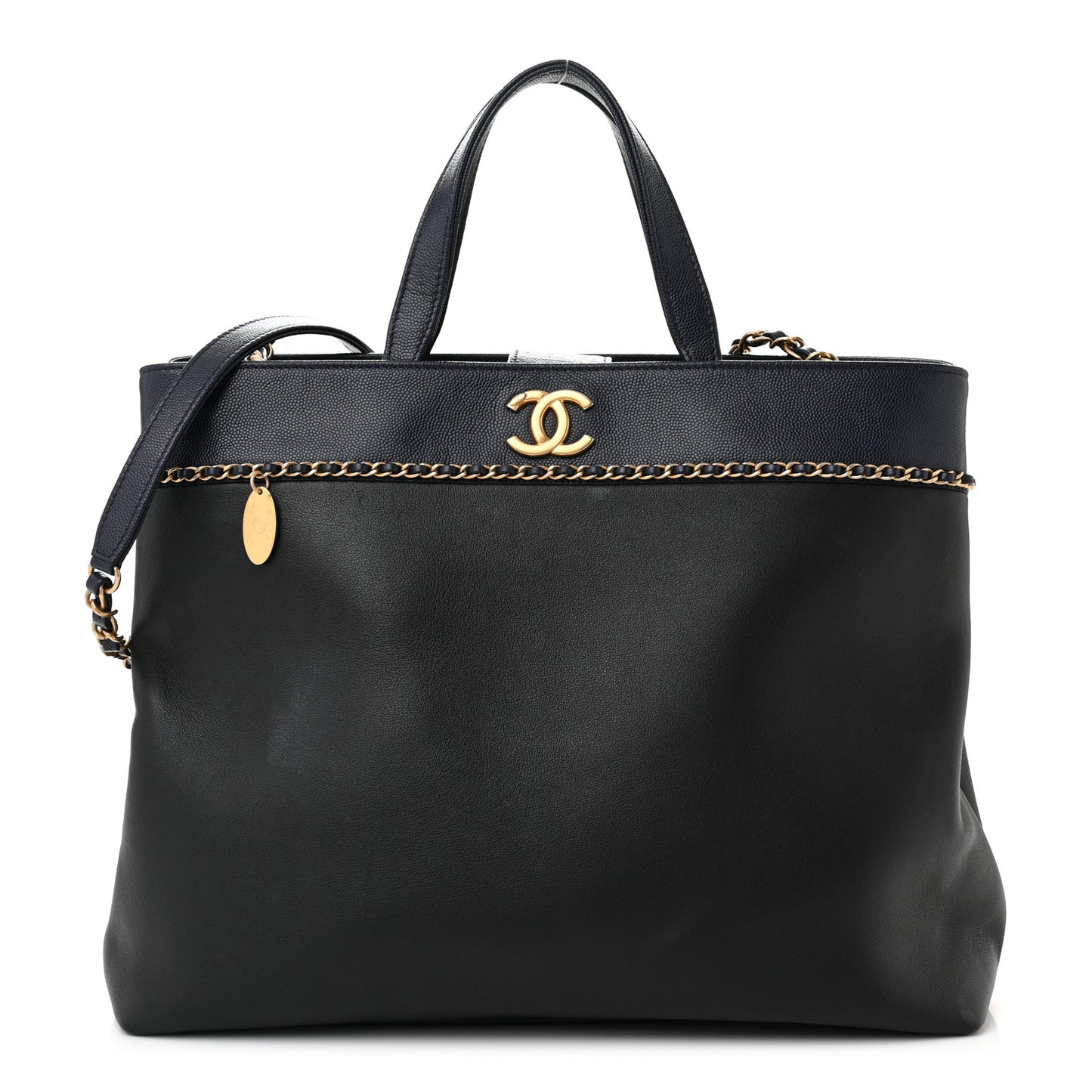 Lambskin Caviar Lovely Chains Shopping Tote Black Navy