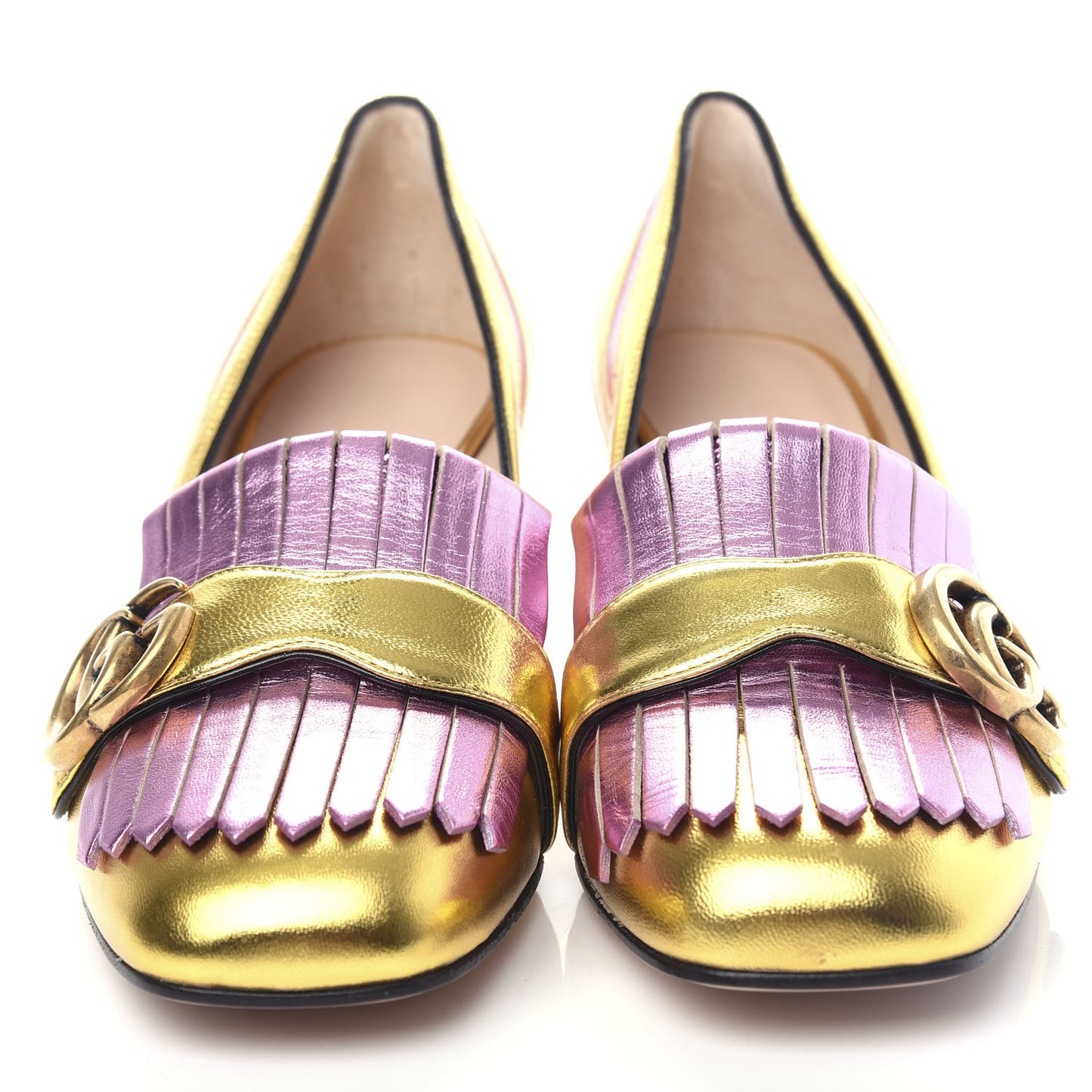 Metallic Nappa Inlay GG Marmont Fringe 50mm Loafer Pumps 36.5 Oro Vecchio Rosa