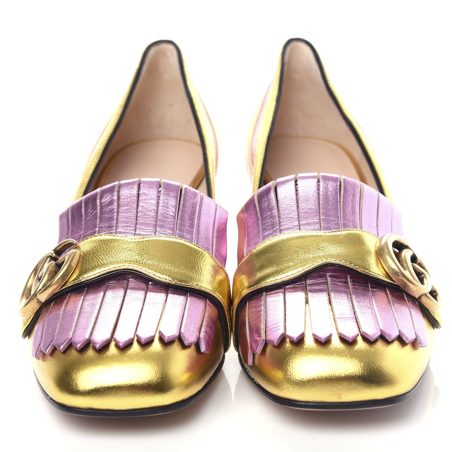 Gucci Metallic Nappa Inlay GG Marmont Fringe 50mm Loafer Pumps 36.5 Oro Vecchio Rosa 5 of 12