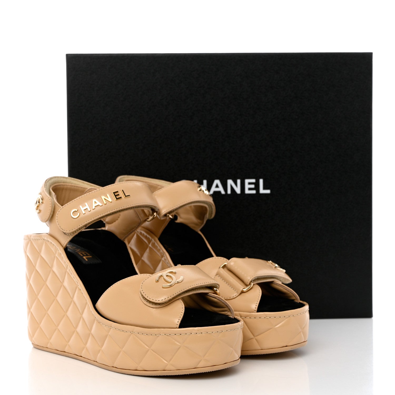 Chanel Shiny Calfskin Quilted Wedge Sandals 39 Beige 11 of 11