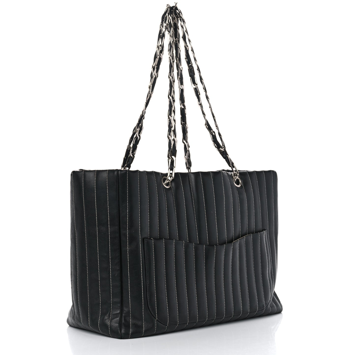 Lambskin Vertical Quilted Large Mademoiselle Tote Black