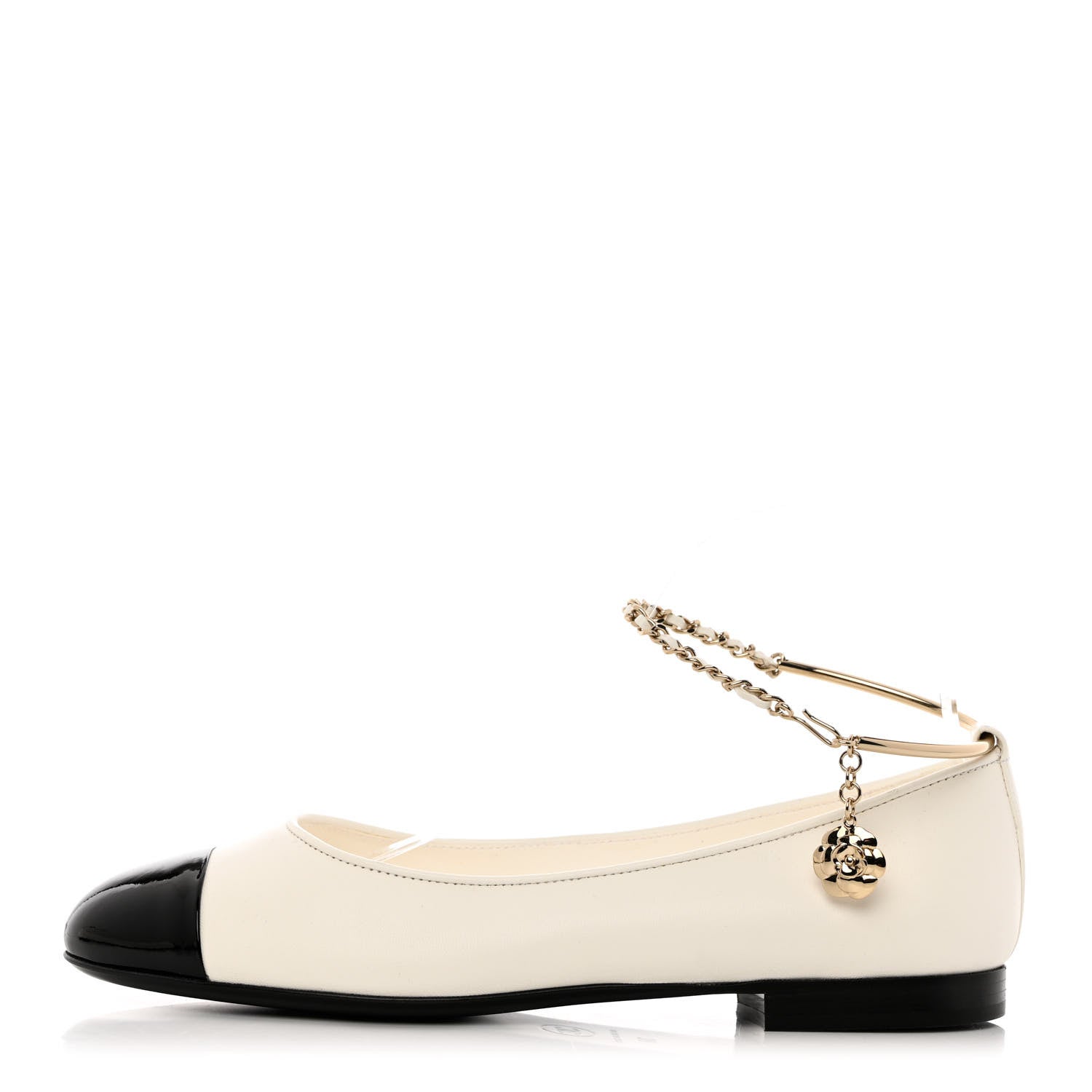 Chanel Lambskin Patent Calfskin Cap Toe Ankle Chain Ballerina Flats 38 White Black 1 of 10
