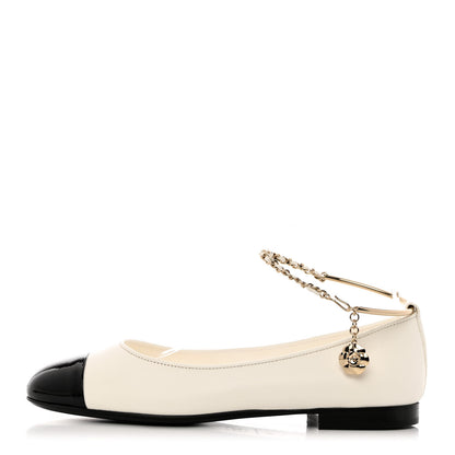 Chanel Lambskin Patent Calfskin Cap Toe Ankle Chain Ballerina Flats 38 White Black 1 of 10