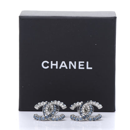 Chanel Metal Baguette Crystal CC Earrings Silver Blue 5 of 5