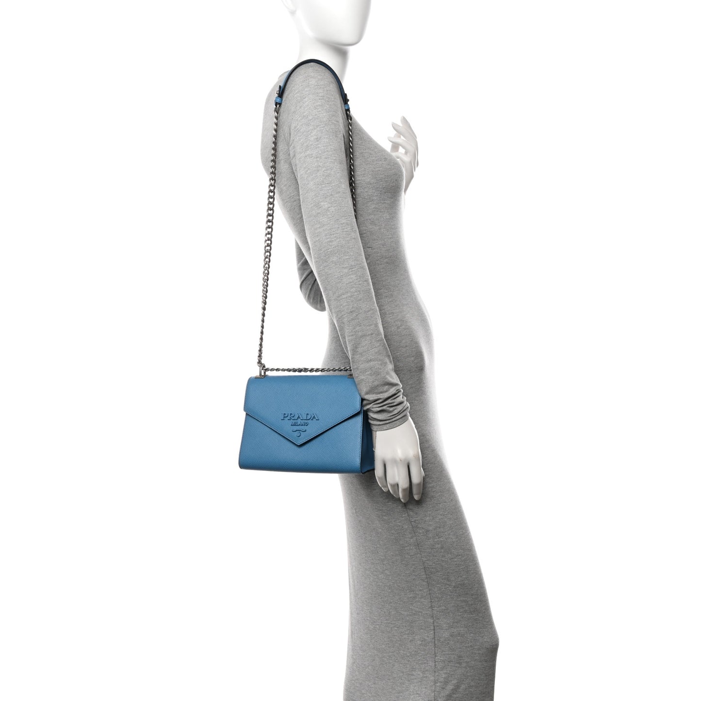 Saffiano Cuir Calfskin Monochrome Envelope Flap Chain Shoulder Bag Cobalto