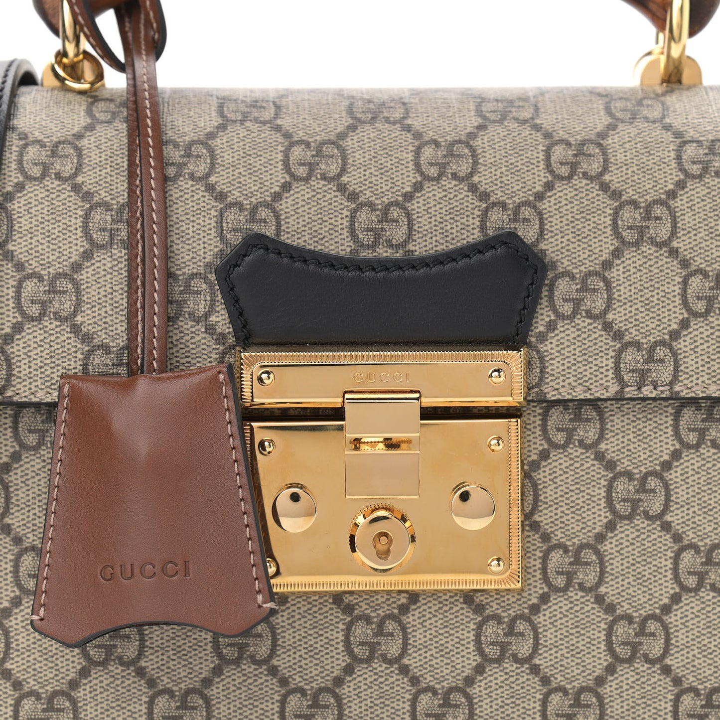 GG Supreme Monogram Small Padlock Bamboo Shoulder Bag Beige Black Cuir
