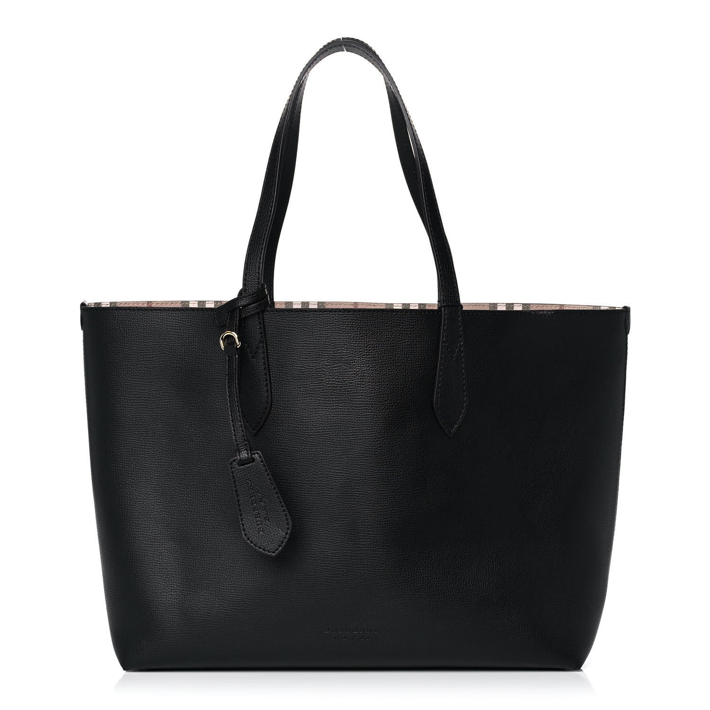 Grainy Calfskin Haymarket Check Medium Reversible Tote Black
