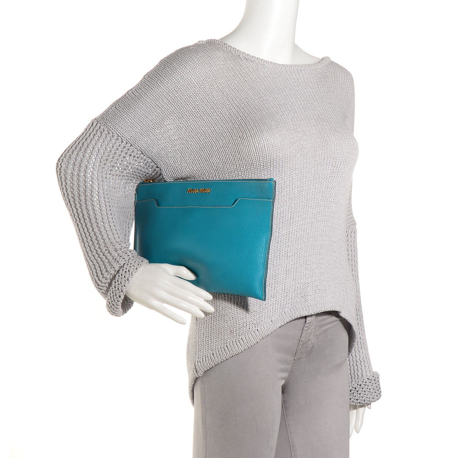 Miu Miu Grained Calfskin Leather Clutch Turchese 2 of 10