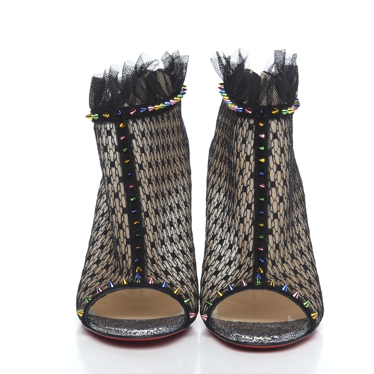 Christian Louboutin Rete Stripy Glitter Spike Juliettra 100 Ankle Peep Toe Boots 37.5 Black Multicolor 2 of 8