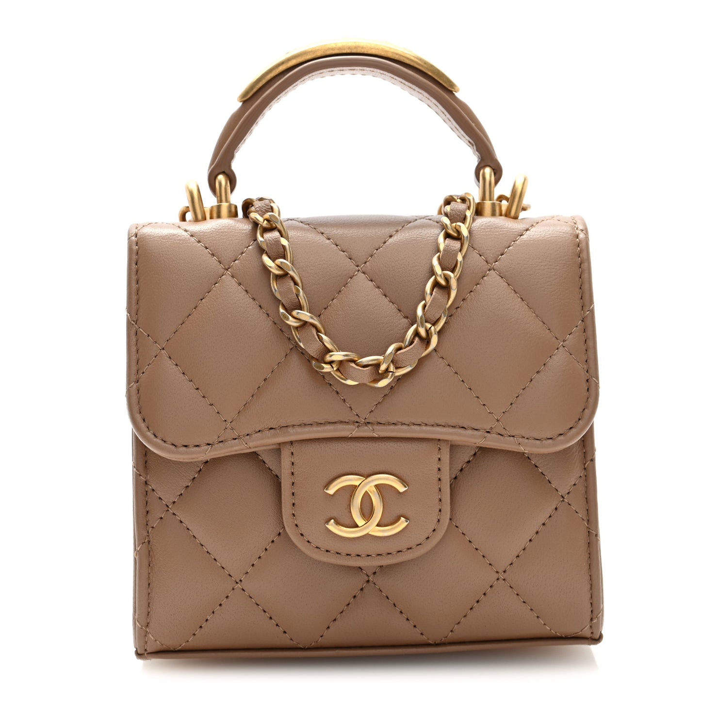 Lambskin Quilted Top Handle Flap Clutch With Chain Beige