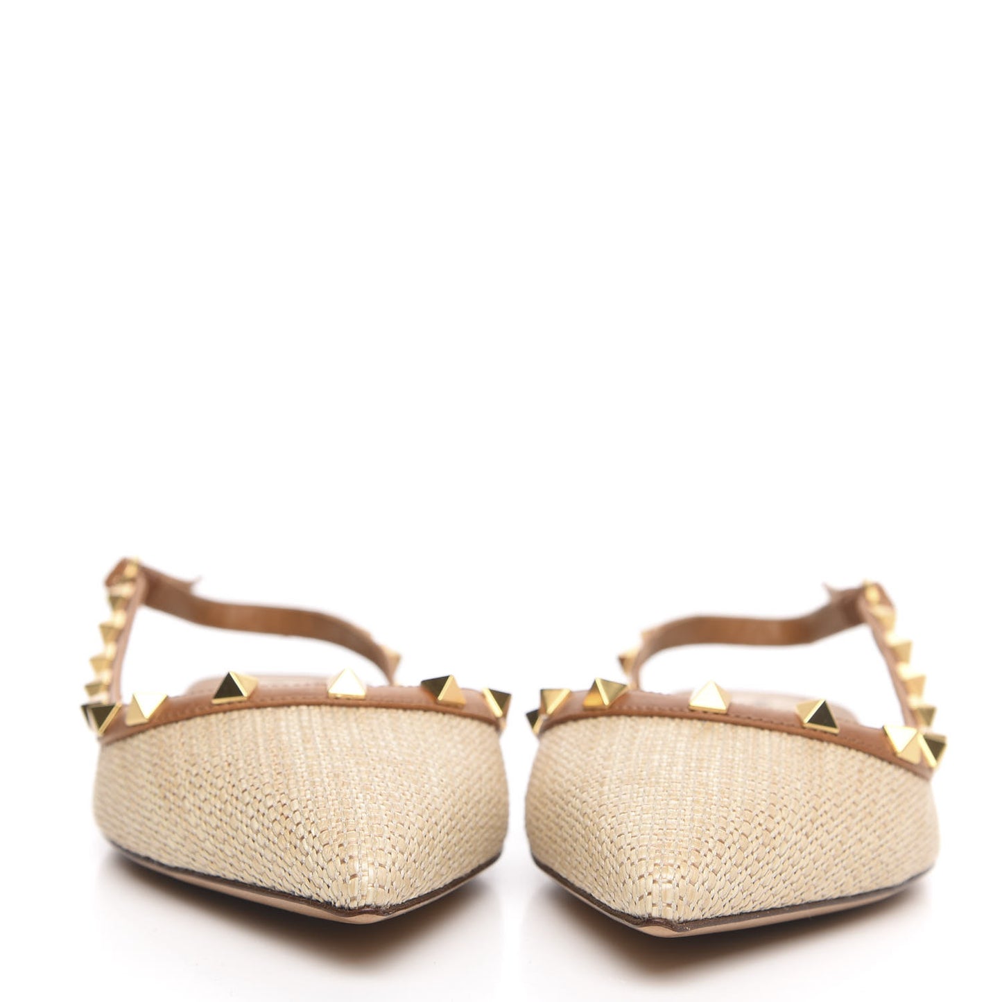 Raffia Calfskin Rockstud Slingback Flats 38 Naturale