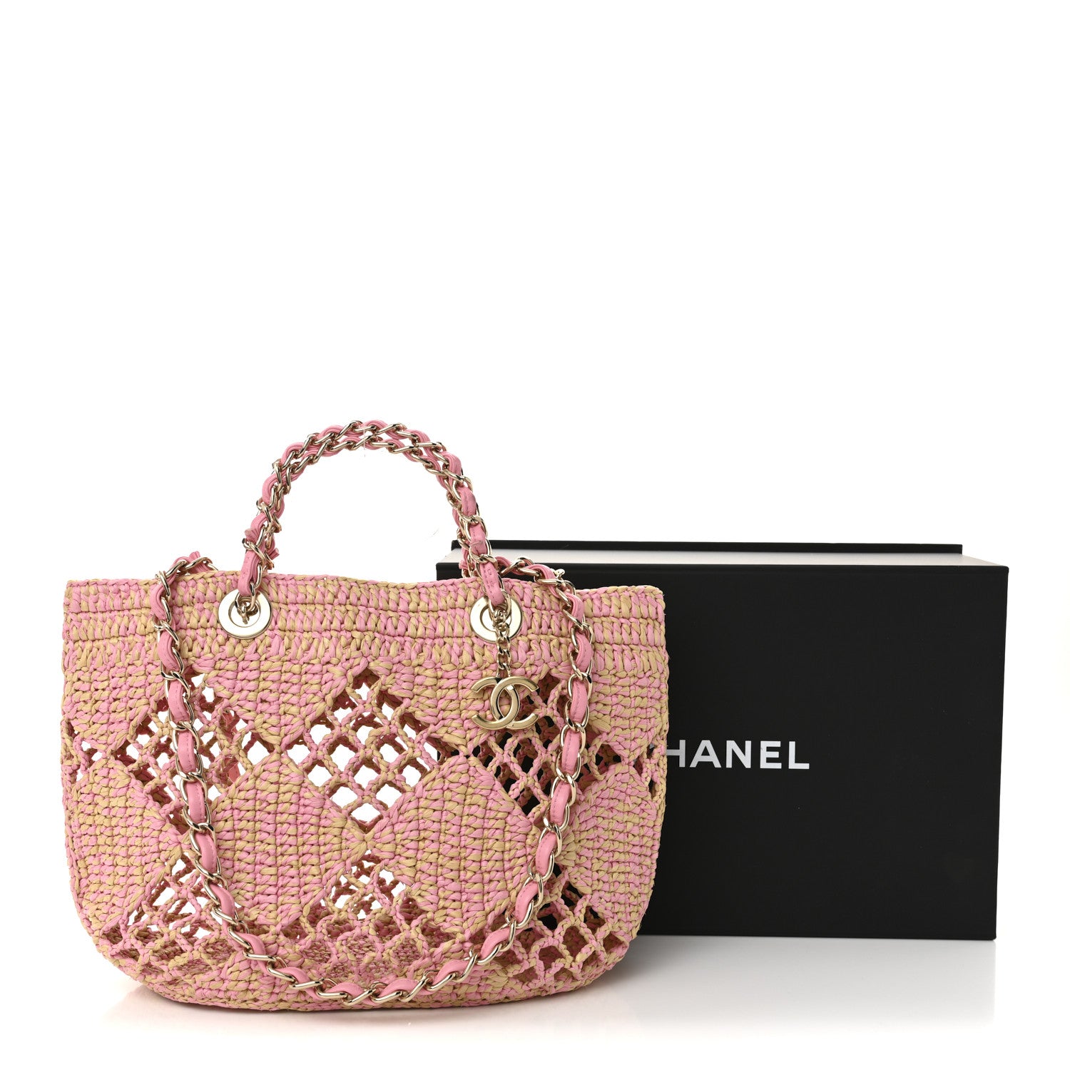 Chanel Raffia Effect Braided Small Shopping Bag Beige Pink 12 of 12