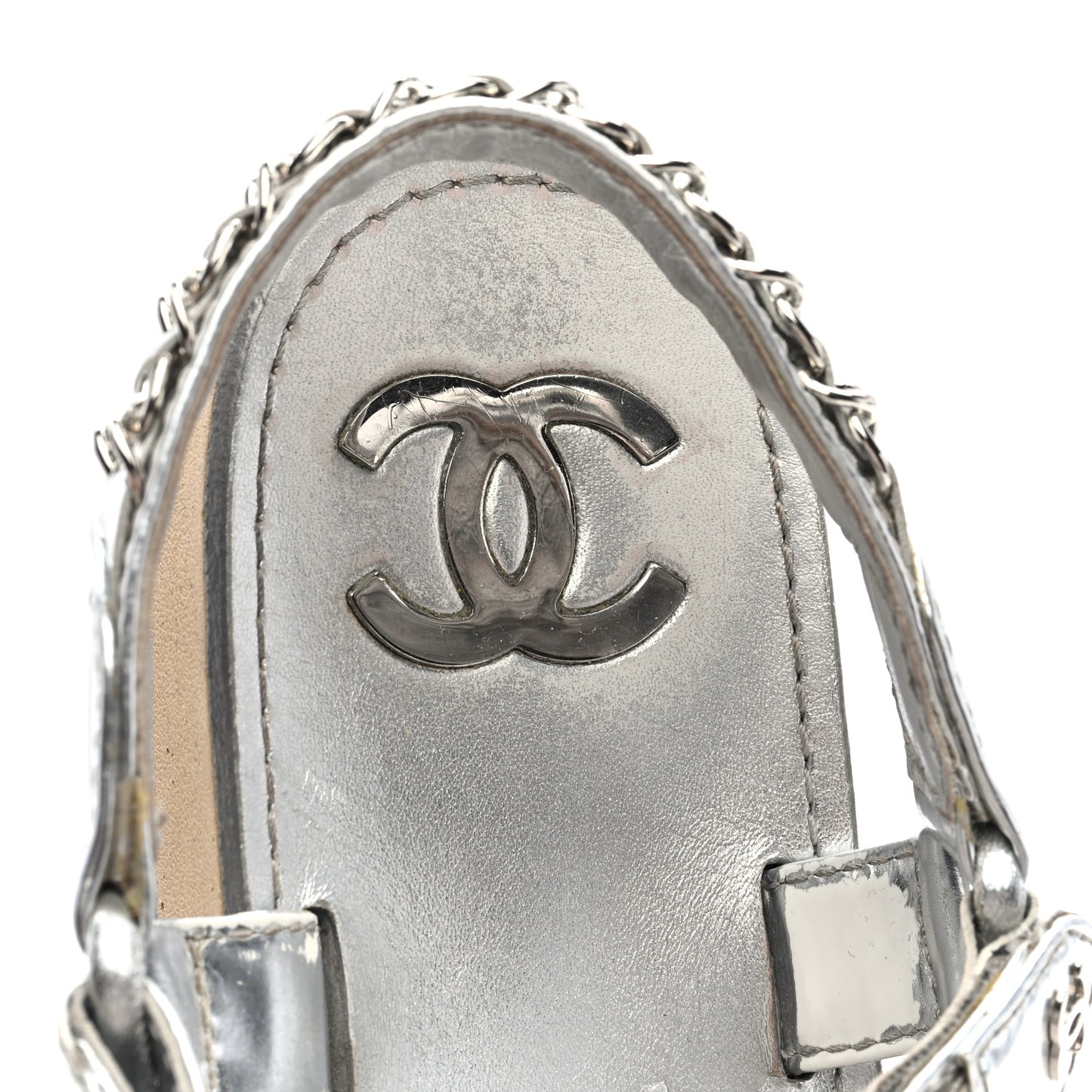 Metallic Laminated Goatskin Chain Flat Sandals 39 Silver