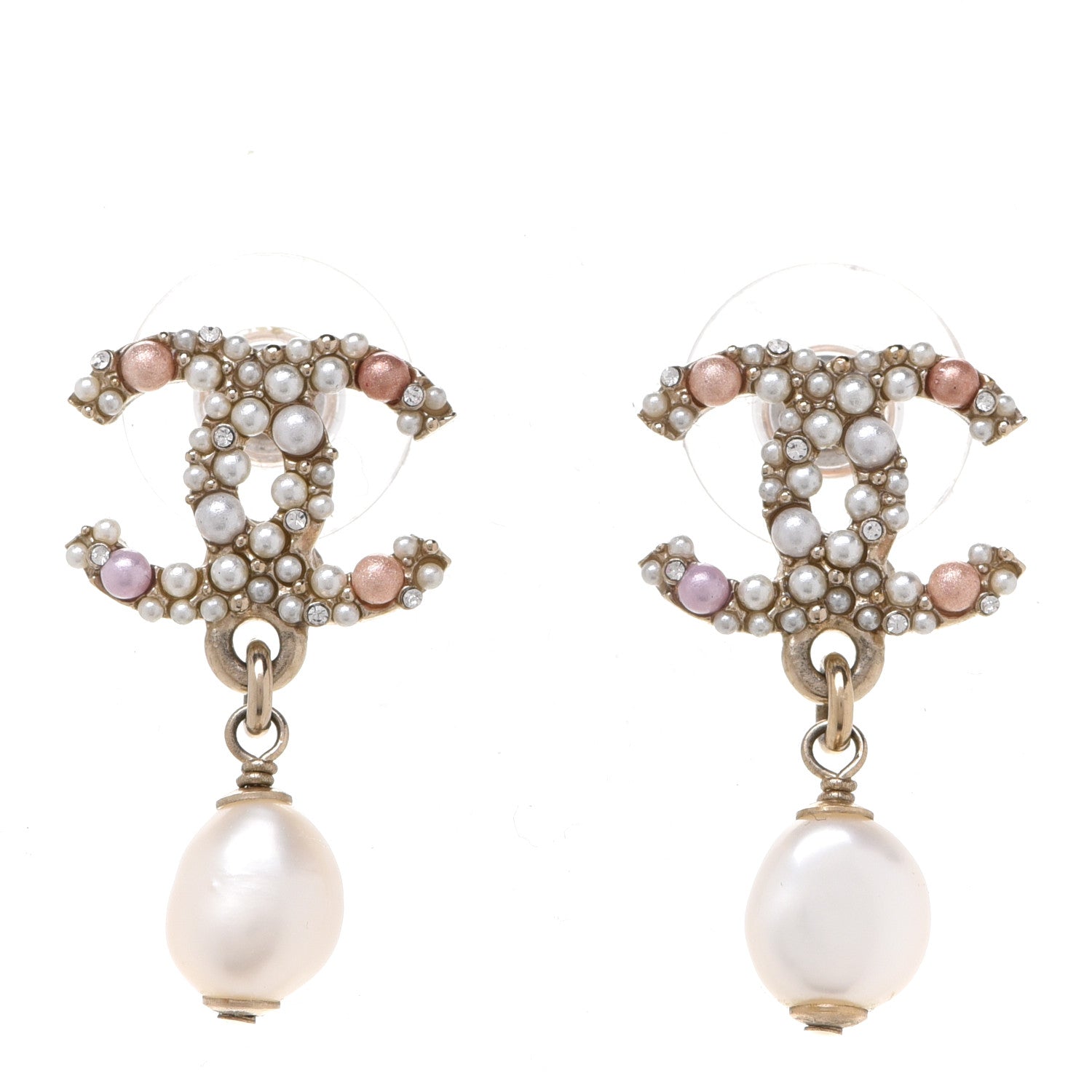 Chanel Pearl Crystal CC Charm Drop Earrings Light Gold Pink 1 of 5