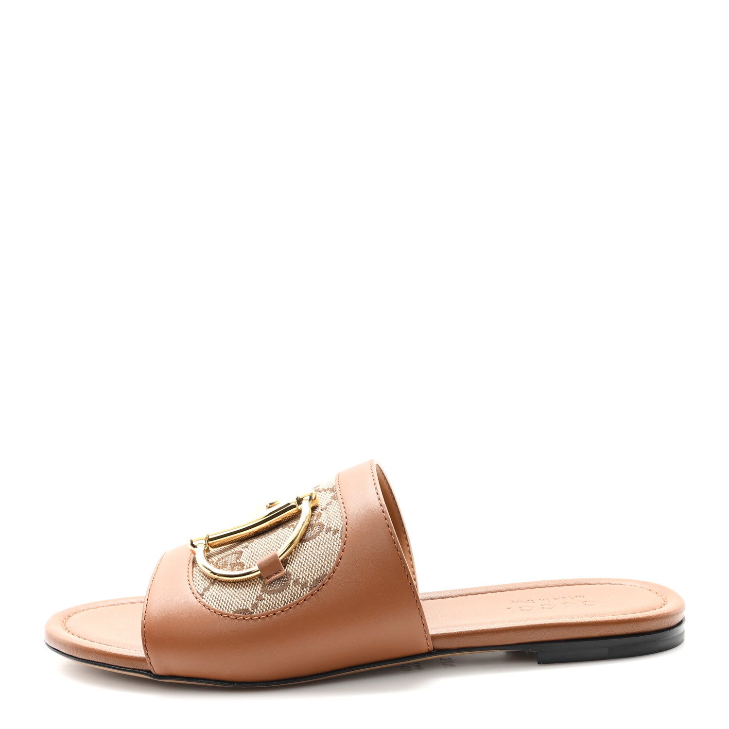 Gucci Calfskin Monogram Horsebit Womens Slide Sandals 37.5 Beige Ebony Sundial 1 of 10