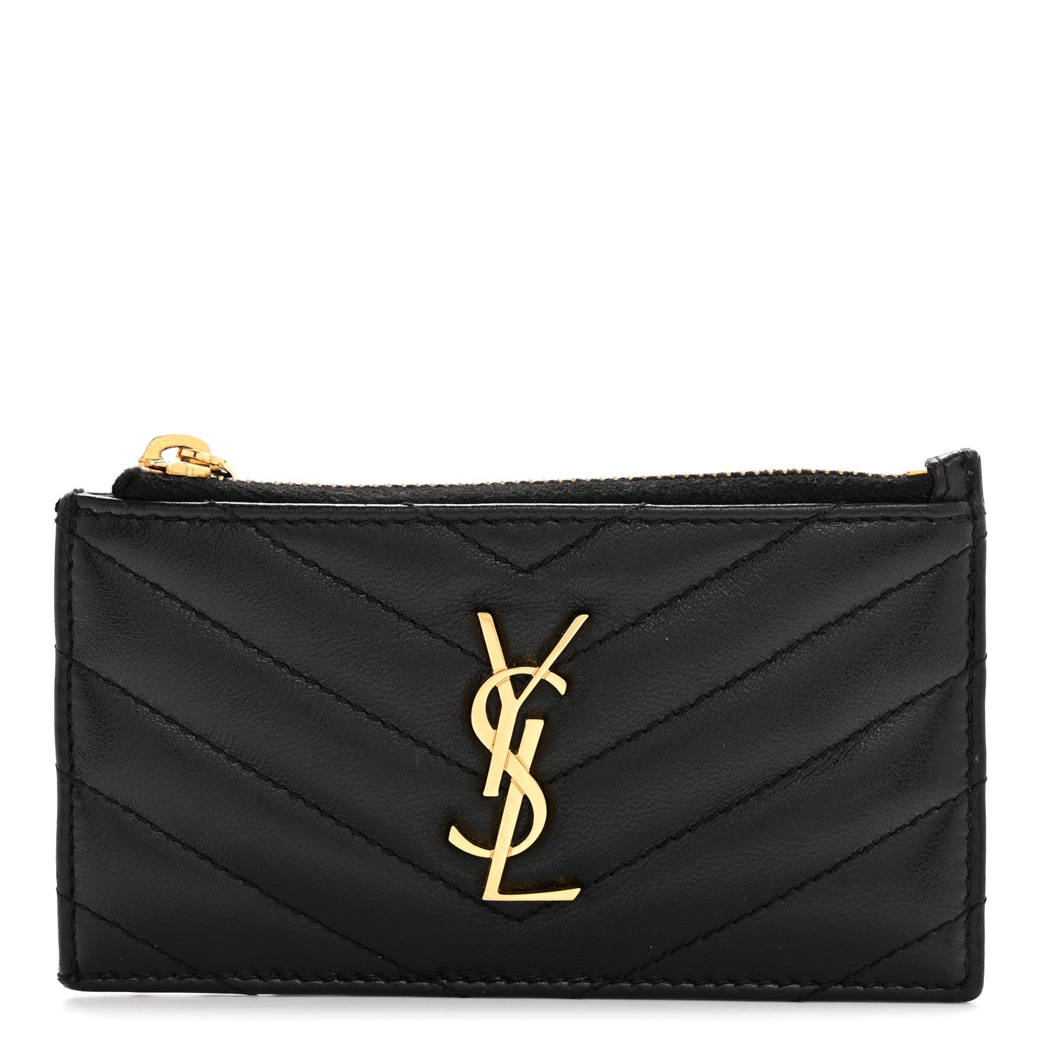 Saint Laurent Calfskin Matelasse Chevron Monogram Fragments Zippered Card Case Black 1 of 11
