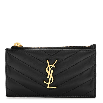 Saint Laurent Calfskin Matelasse Chevron Monogram Fragments Zippered Card Case Black 1 of 11