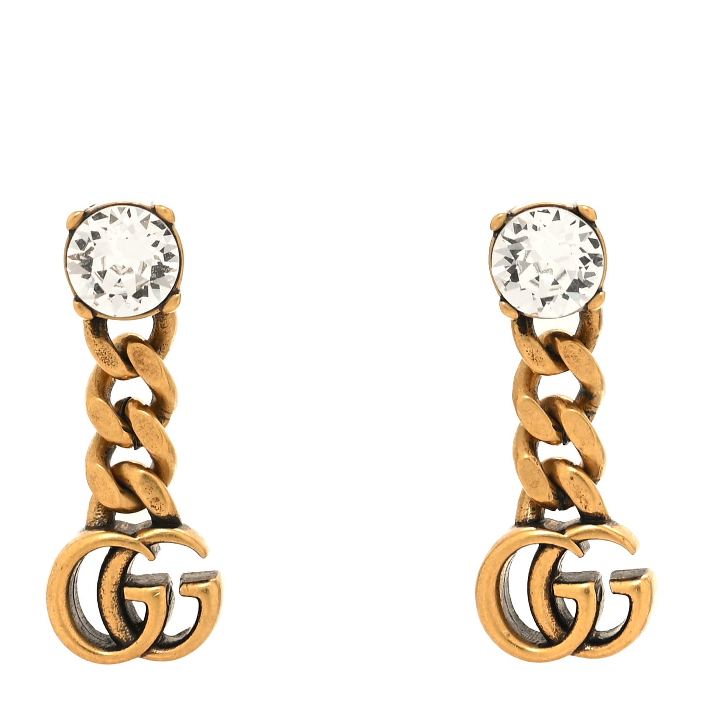 Metal Crystal Double G Chain Drop Earrings Aged Gold