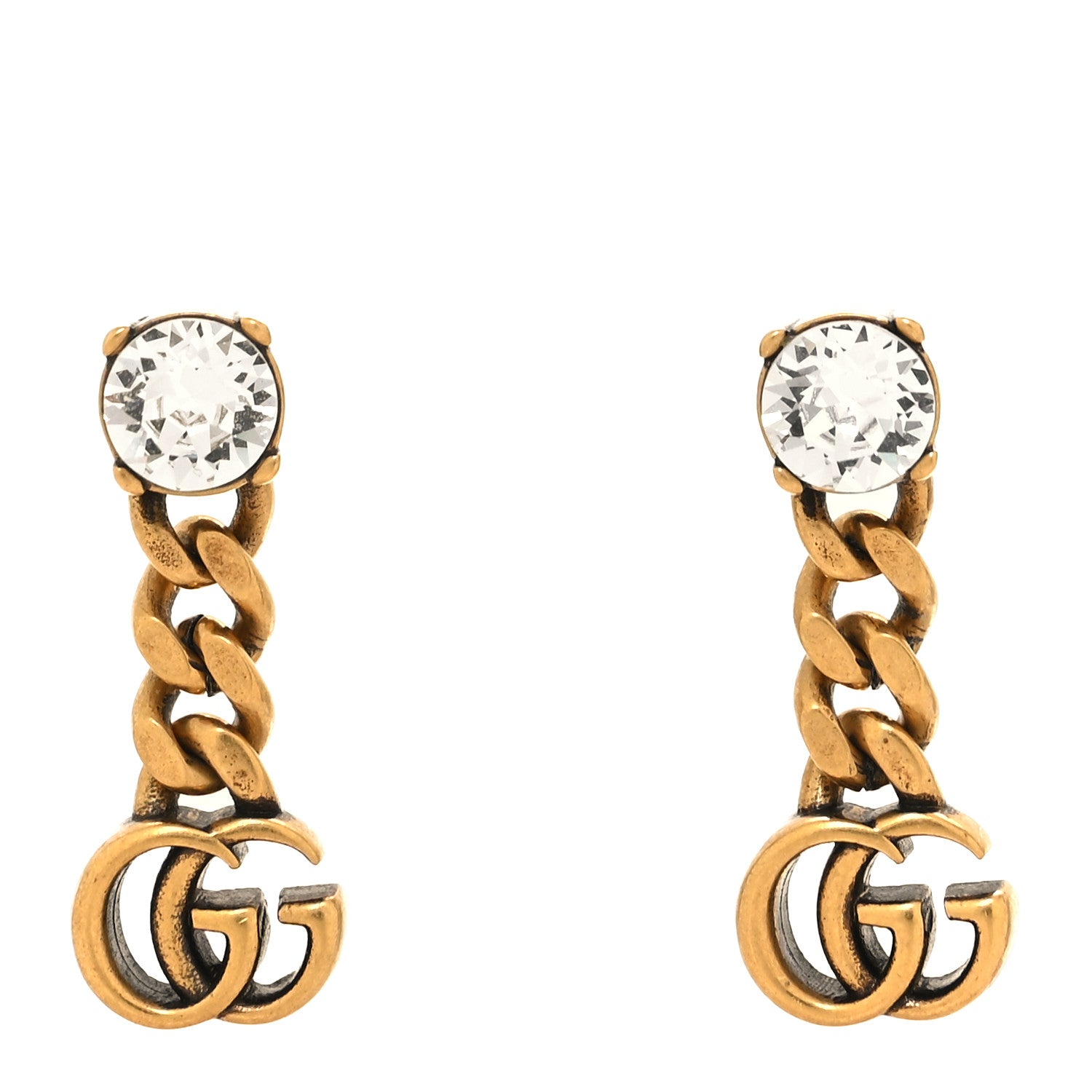 Gucci Metal Crystal Double G Chain Drop Earrings Aged Gold 1 of 5