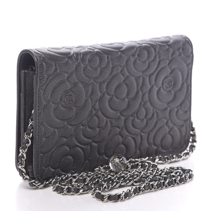 Chanel Goatskin Camellia Embossed Wallet On Chain WOC Grey 3 of 14