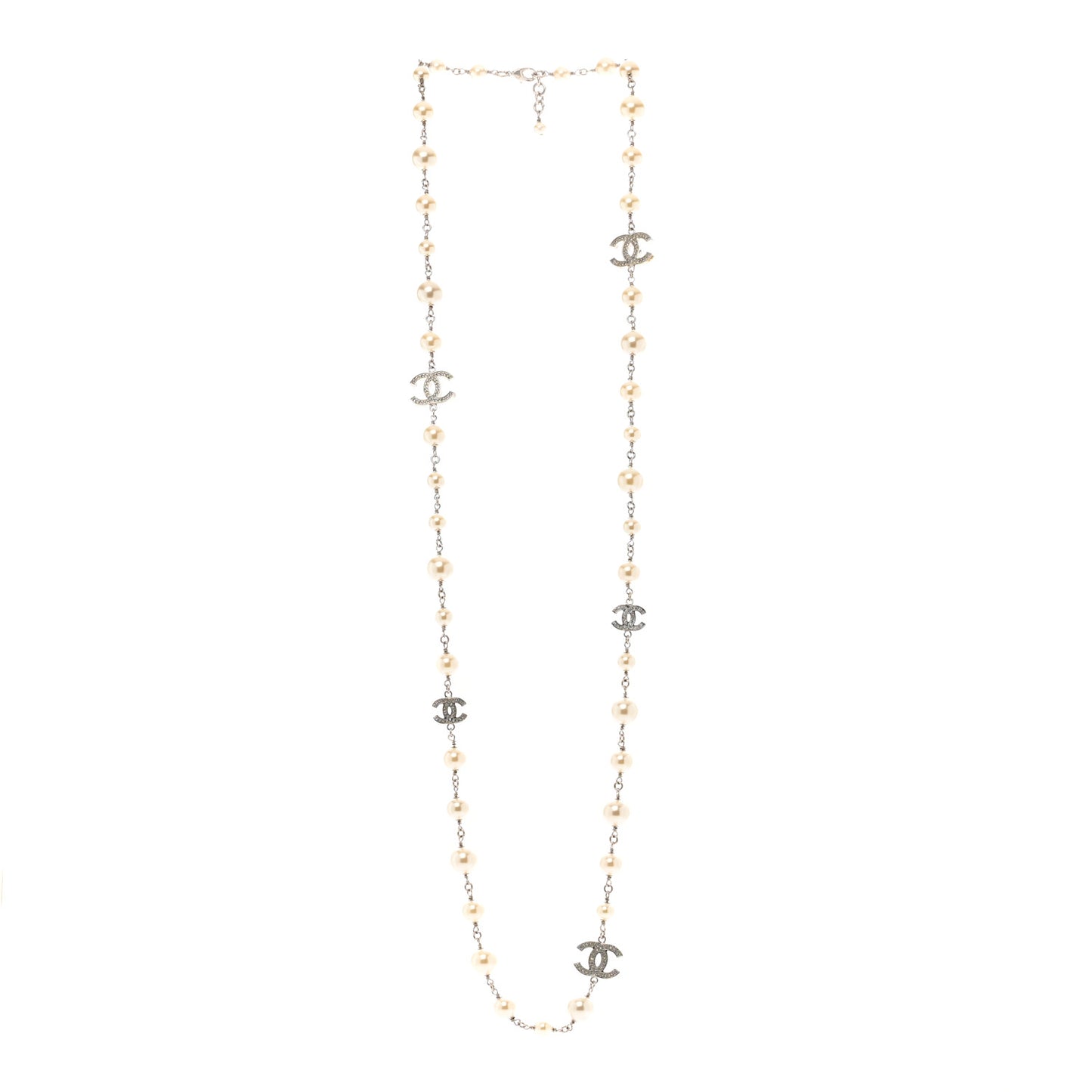 Graduated Pearl Crystal CC Long Necklace Silver